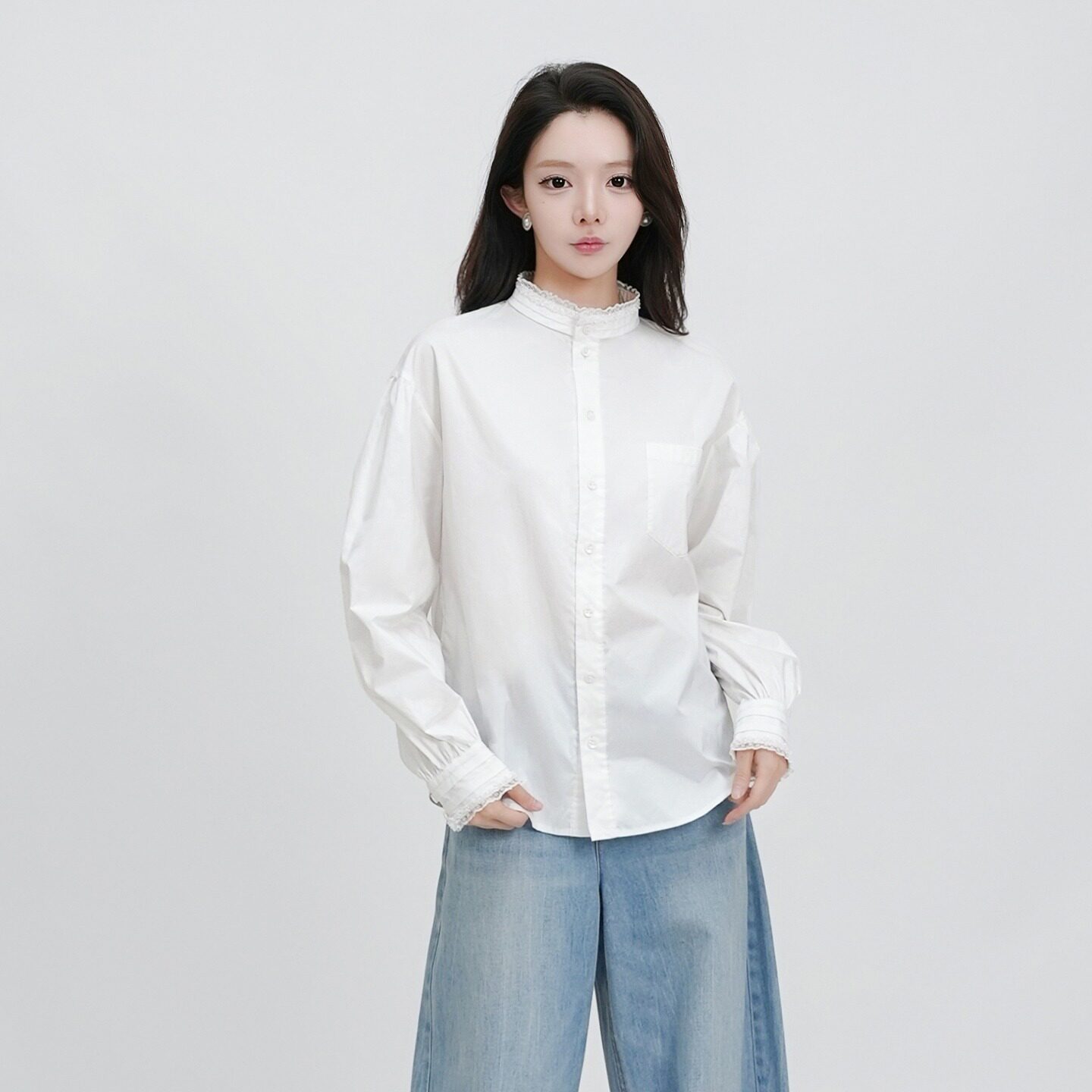 AMASS/阿玛施立领新款春秋长袖气质木耳边长袖衬衫女装530115