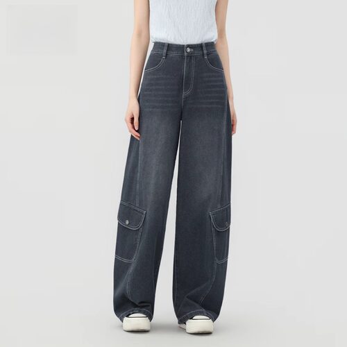 AMASS/阿玛施新款复古大口袋宽松垂感潮酷工装阔腿牛仔裤女510089