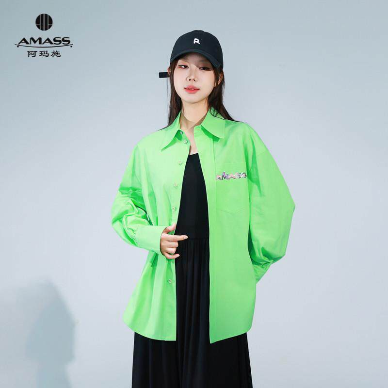 AMASS/阿玛施女装百搭衬衣ins章仔小众设计款宽松长袖衬衫530052