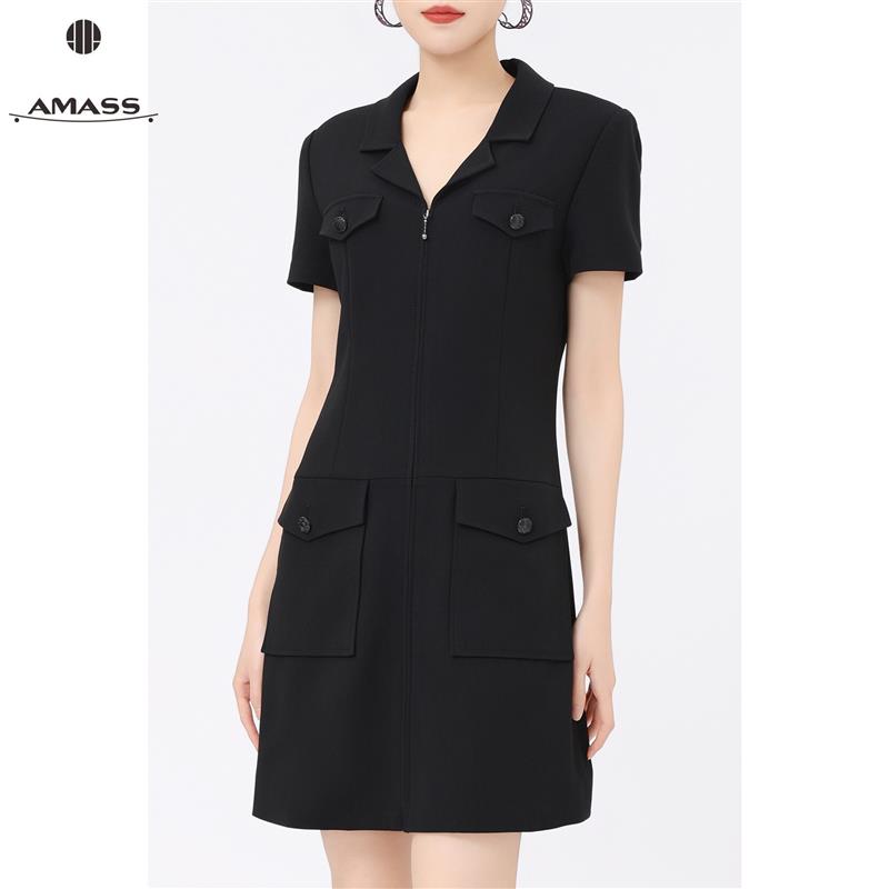 AMASS/阿玛施春夏气质轻职风V领修身时尚短袖纯色连衣裙女5500540