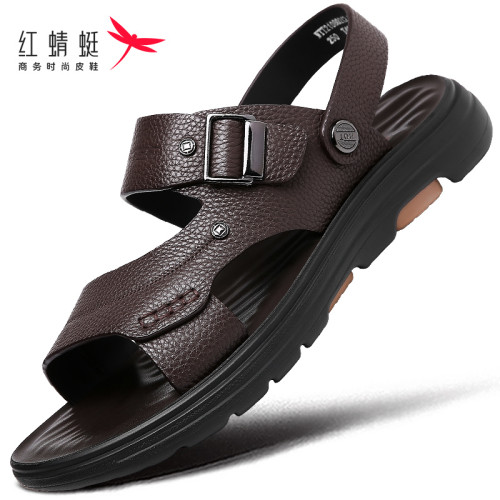 红蜻蜓夏季真皮凉鞋男外穿凉拖鞋