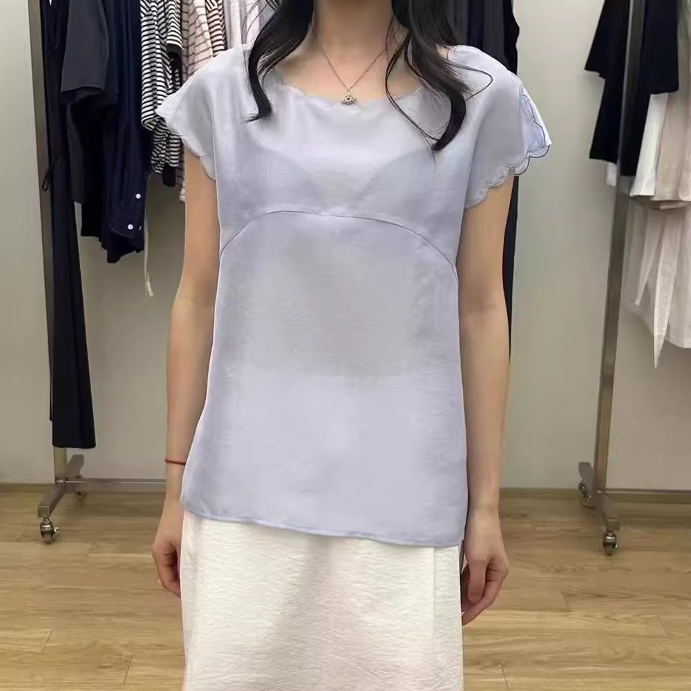 现货速发韩国东大门代购utre2025夏季新款波浪花边薄款小飞袖衬衫