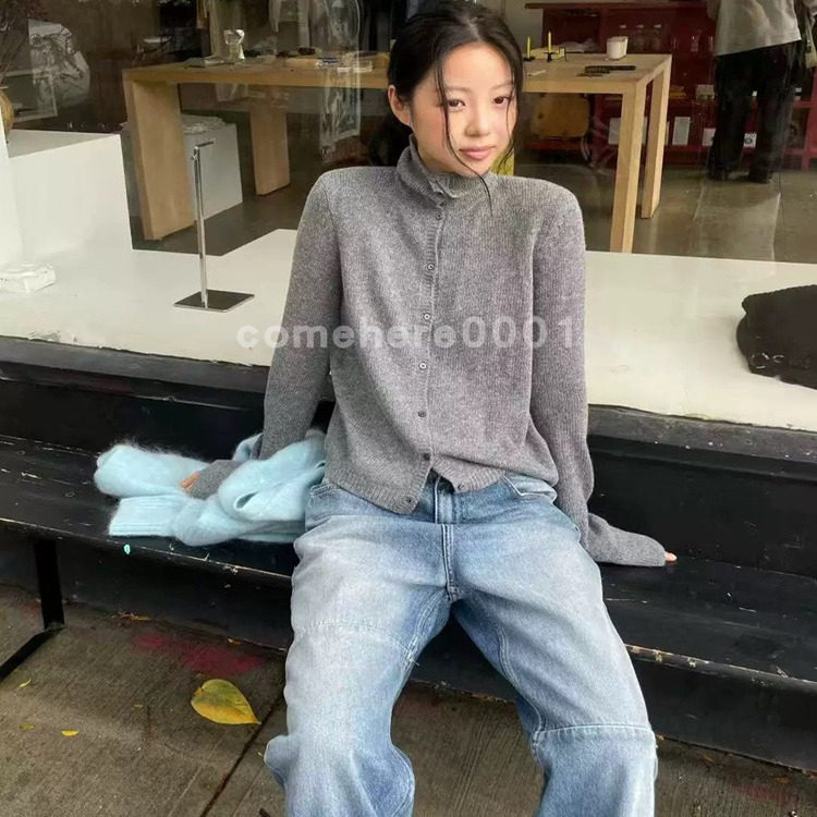 现货速发韩国东大门代购mohhe2025秋冬新款纯色高领系扣针织开衫