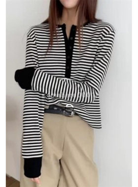 现货速发韩国东大门代购atmosphere2025秋季新款半系扣条纹T恤