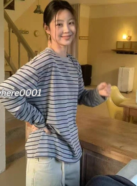 现货速发Mohhe韩国东大门2026春款显瘦百搭圆领条纹宽松长袖T恤女