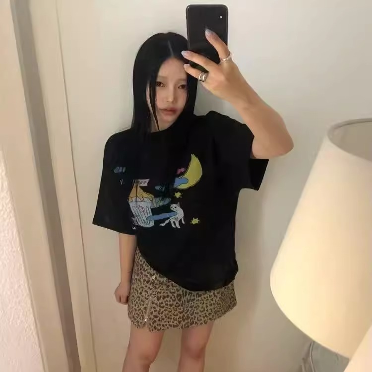 现货速发韩国东大门代购seolo2025夏季新款猫咪印花圆领短袖T恤