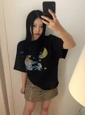 现货速发韩国东大门代购seolo2025夏季新款猫咪印花圆领短袖T恤