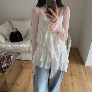 现货速发by flow韩国东大门代春季荷叶边短款吊带连衣裙010604