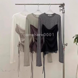 现货速发韩国东大门代购atmosphere2025秋季新款褶皱抽绳修身T恤