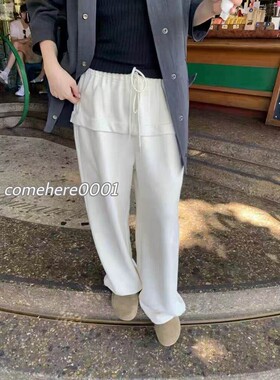 现货速发韩国东大门mohhe女26春季时尚松紧腰拼接假两件休闲卫裤