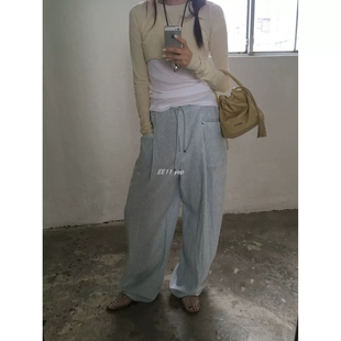 现货速发韩国东大门代购breathe2025夏季新款轻薄压褶条纹休闲裤