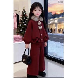 女童冬装套装2025新款加绒加厚洋气毛领两件套儿童衣服新年拜年服