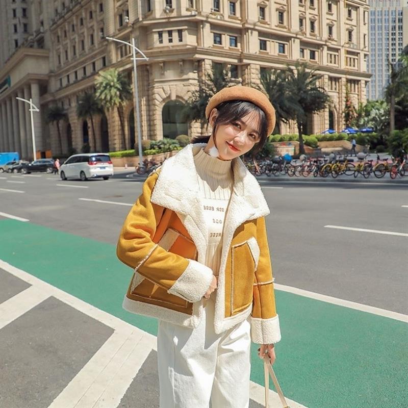 冬季机车服鹿皮绒外套女2023新款韩版加绒短款chic羊羔毛棉服