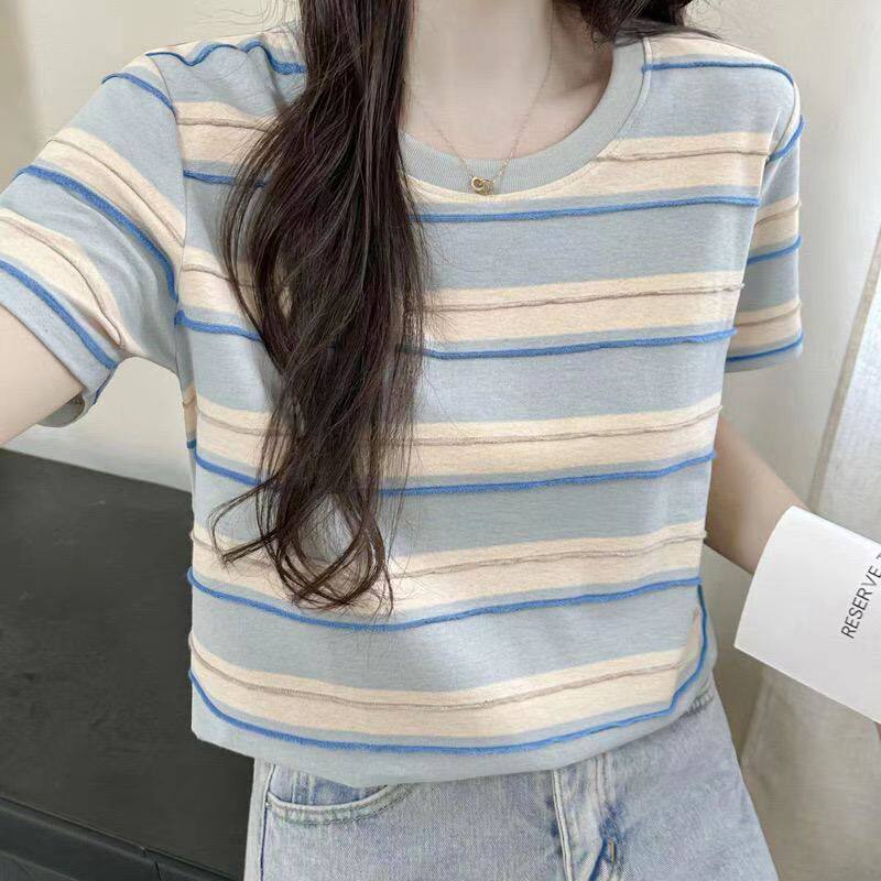 夏季小清新条纹短袖T恤衫蓝色减龄显瘦女装宽松大码休闲上衣服潮