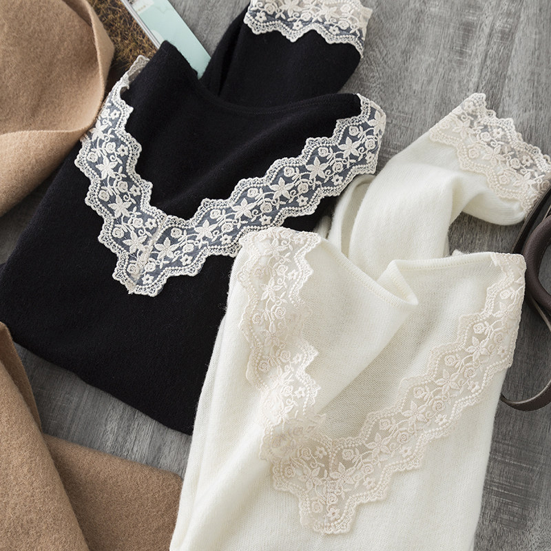 法式温柔 气质优雅V领蕾丝拼接羊毛针织衫打底套头毛衣女,女装/女士精品,毛针织衫,淘宝优惠券,粉丝福利购,淘宝优惠卷