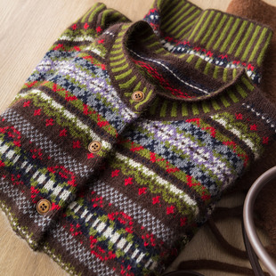 浓郁复古腔调 重工费尔岛提花加厚羊毛羊绒圆领长袖针织开衫毛衣