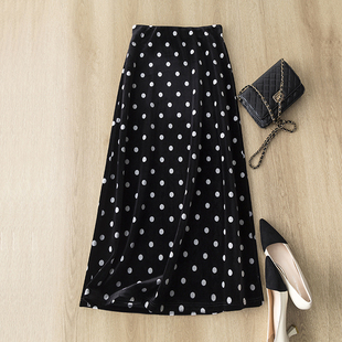 复古迷人法式风 撞色波点松紧高腰加绒丝绒半身裙中长款黑色裙子