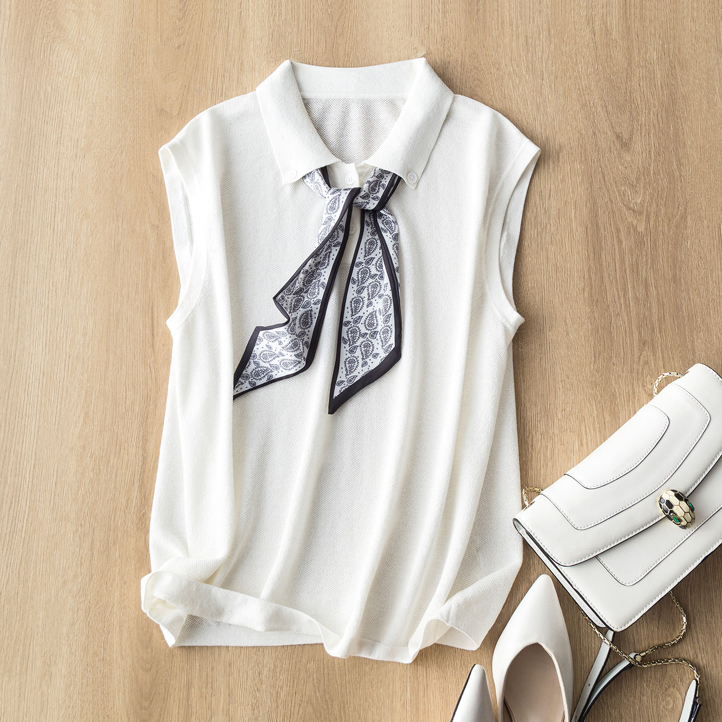 气质MIU系!配丝巾POLO领凉爽显瘦无袖上衣天丝亚麻针织背心T恤女