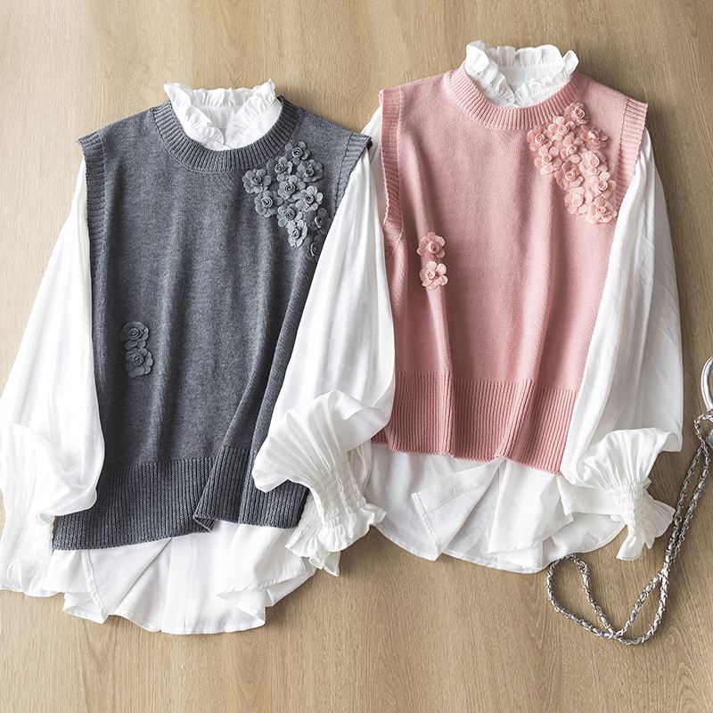 小众设计木耳花边领长袖衬衫+重工立体花朵针织背心马甲 两件套女