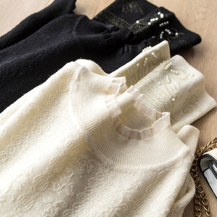 温柔气质蕾丝提花含羊毛别致木耳边领袖口珍珠蝴蝶刺绣套头针织衫