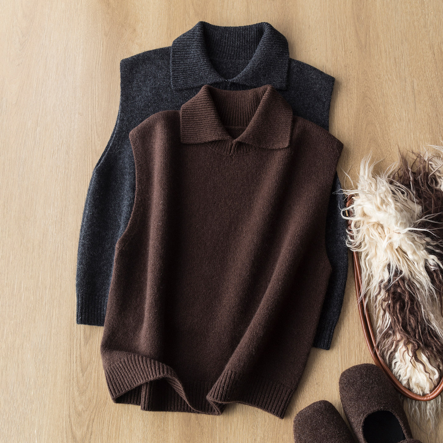 超洋气~设计感100绵羊毛翻领针织背心宽松叠穿万搭无袖马甲上衣女