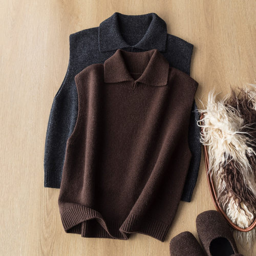 超洋气~设计感100绵羊毛翻领针织背心宽松叠穿万搭无袖马甲上衣女