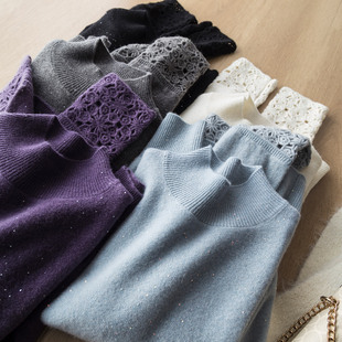 璀璨星河温柔法式香风半高领袖口镂空钩花羊毛羊绒亮片针织衫上衣