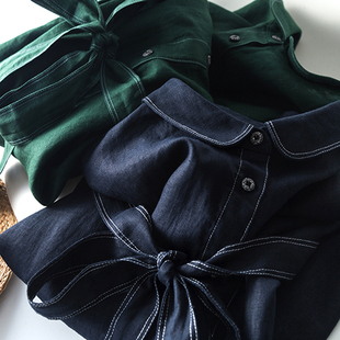 日系小众线~设计师新款全亚麻明线系带收腰显瘦棉麻衬衫连衣裙夏