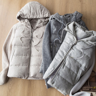 高定连帽鹅绒拼接羊毛针织毛呢厚外套 双开拉链假两件羽绒鹅绒服