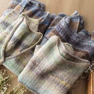 巨好看氛围感 段染渐变蝴蝶纱条纹马海毛羊毛一字领毛衣针织衫女