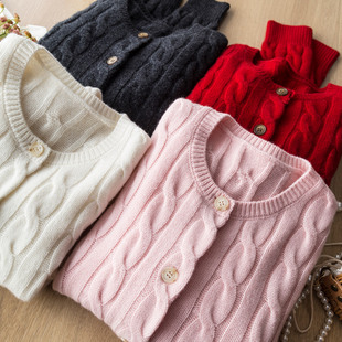 厚实复古绞花圆领针织开衫 澳洲100%绵羊毛 毛衣外套女 款 口碑经典