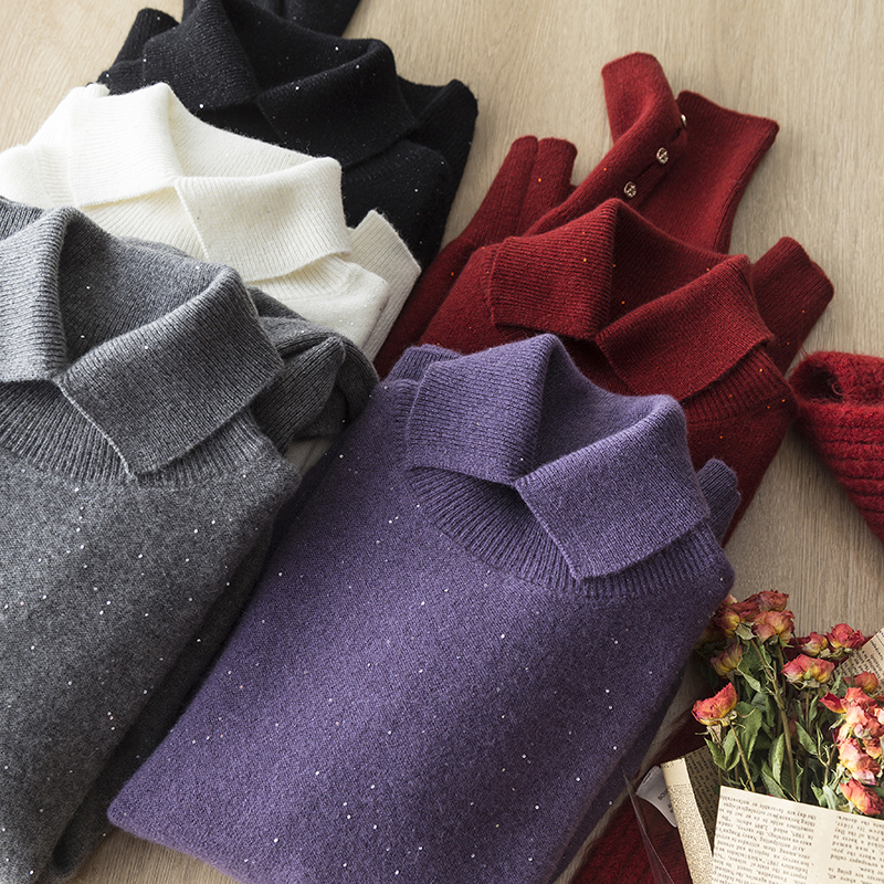 亮片闪丝翻领软糯羊绒羊毛针织衫