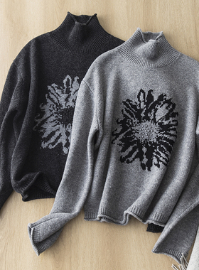 软糯全羊毛 复古提花慵懒宽松卷边长袖针织衫高领加厚毛衣上衣女