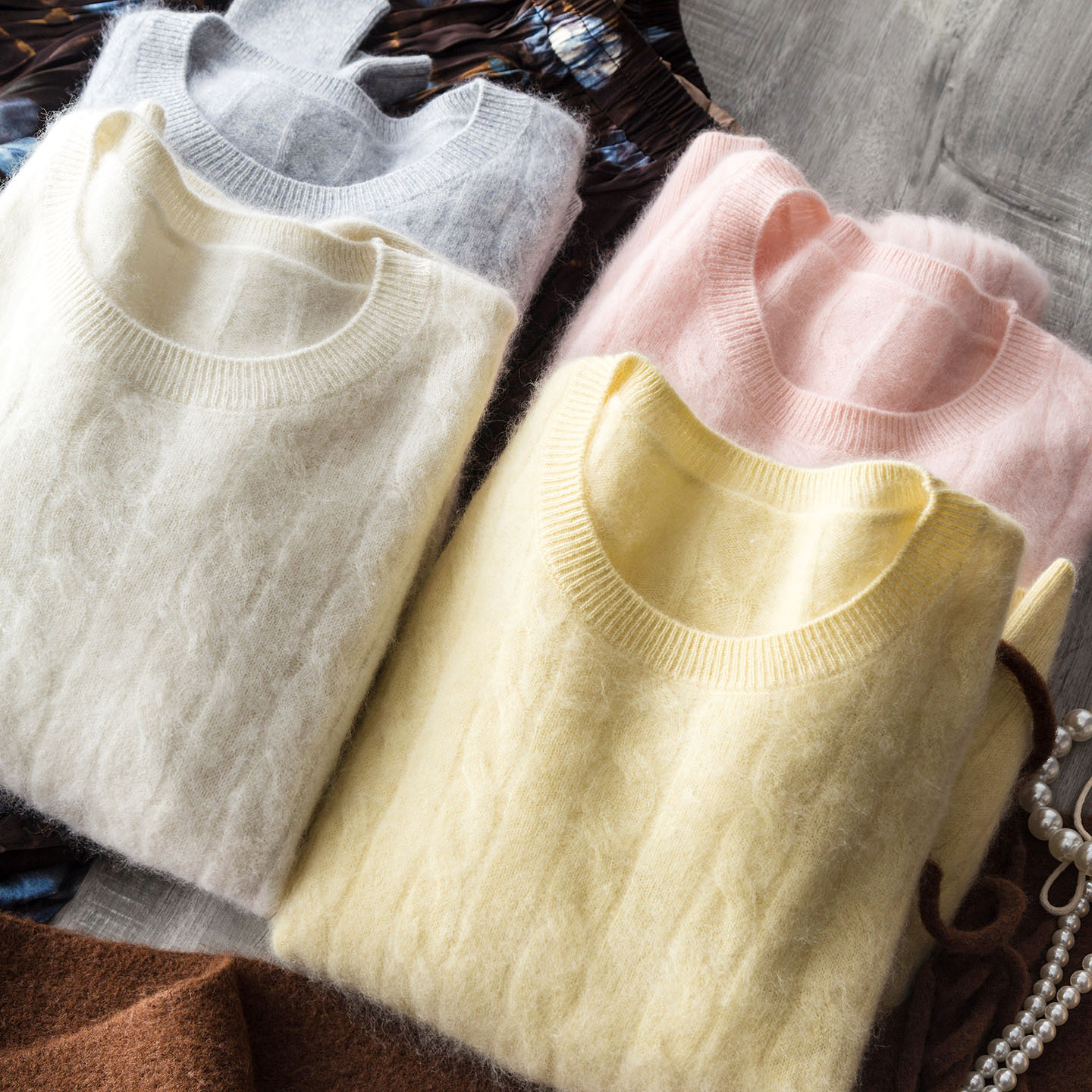 轻奢银丝细闪 云柔拉绒 羊绒羊毛拉毛麻灰绞花圆领针织衫百搭上衣