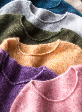 奢美高端 重磅花纱羊毛羊绒拉绒 宽松软糯加厚卷边圆领针织衫毛衣