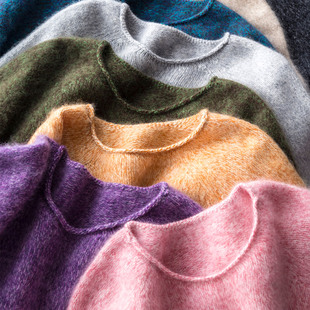 毛衣 宽松软糯加厚卷边圆领针织衫 奢美高端 重磅花纱羊毛羊绒拉绒