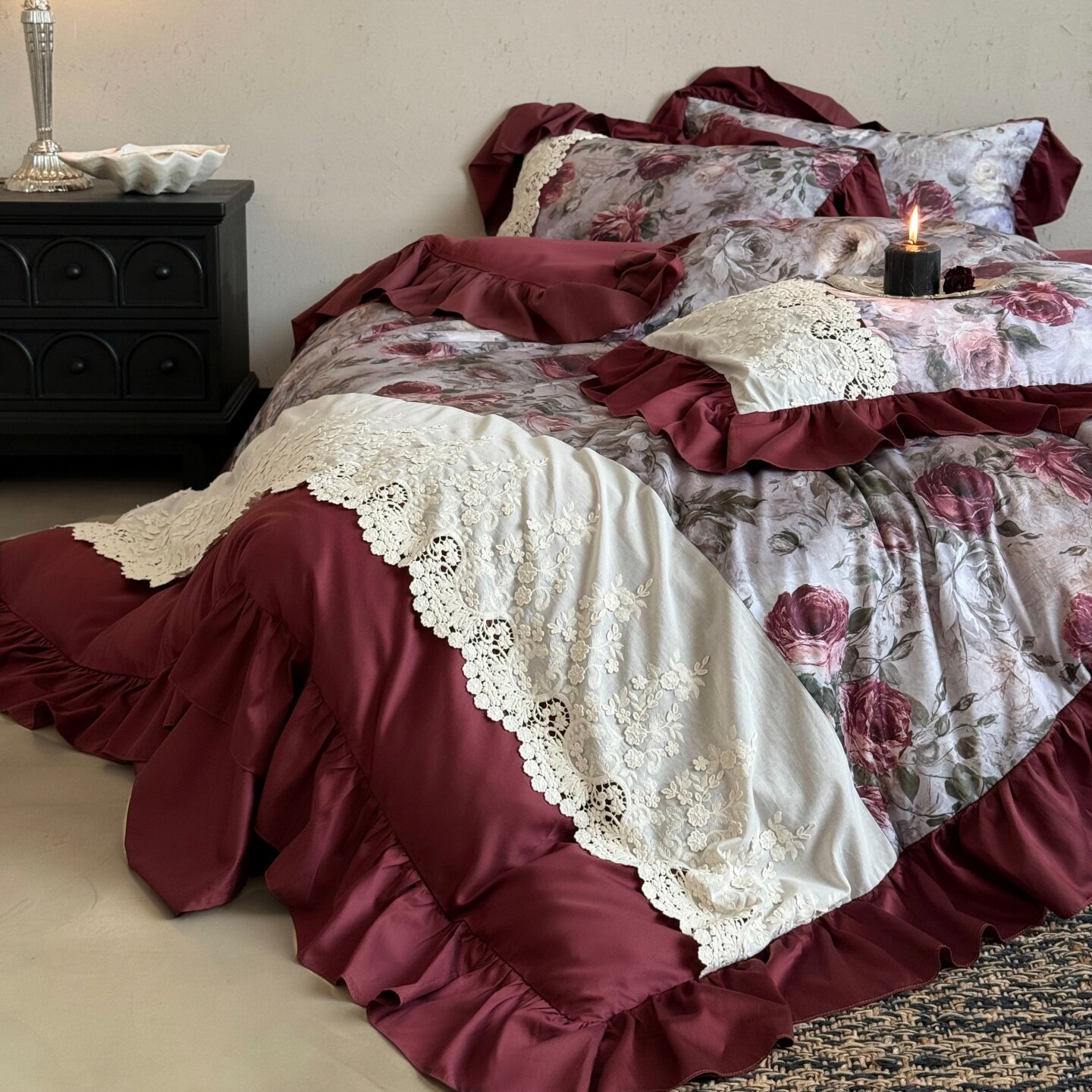 法式复古花卉印花四件套全棉长绒棉贡缎荷叶蕾丝边公主风床上用品