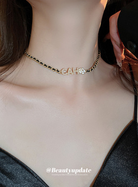 真金电镀甜酷风花朵字母珍珠项链个性气质锁骨链小香风颈链choker