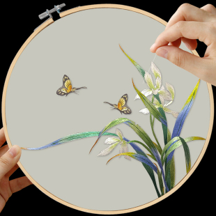 苏绣初学diy自己绣兰花材料包送老外定制团扇子刺绣手工套件蜀绣