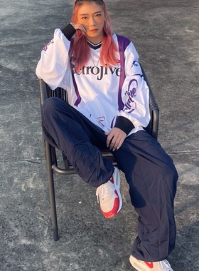 Retro project新款长袖赛车足球衣嘻哈风宽松字母T恤长袖上衣中性