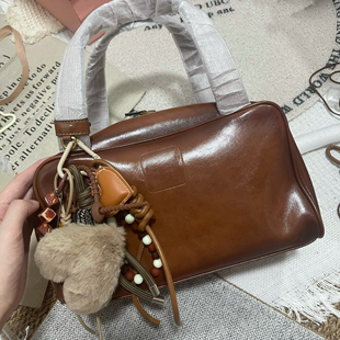 YQ 2025新款复古棕色牛皮保龄球包包女小众设计时尚女包