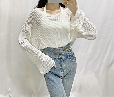 简约纯色百搭上衣镂空针织罩衫