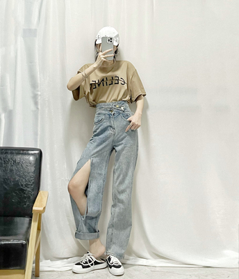 YQ 设计新款破洞牛仔裤女 韩版字母印花短袖垫肩男女款简约T恤夏