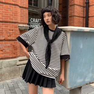 休闲宽松版条纹T恤2024秋季新款卷袖撞色欧货大版宽松丝巾上衣女