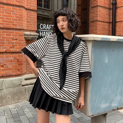 休闲宽松版条纹T恤2024秋季新款卷袖撞色欧货大版宽松丝巾上衣女