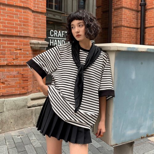 休闲宽松版条纹T恤2024秋季新款卷袖撞色欧货大版宽松丝巾上衣女