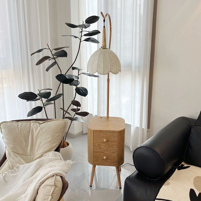 奶油原木风卧室置物架落地灯沙发边几茶几床头柜一体客厅装饰台灯