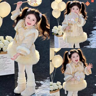 柠里女童年服新款中国风公主裙加绒加厚礼服女宝宝百搭洋气上衣潮