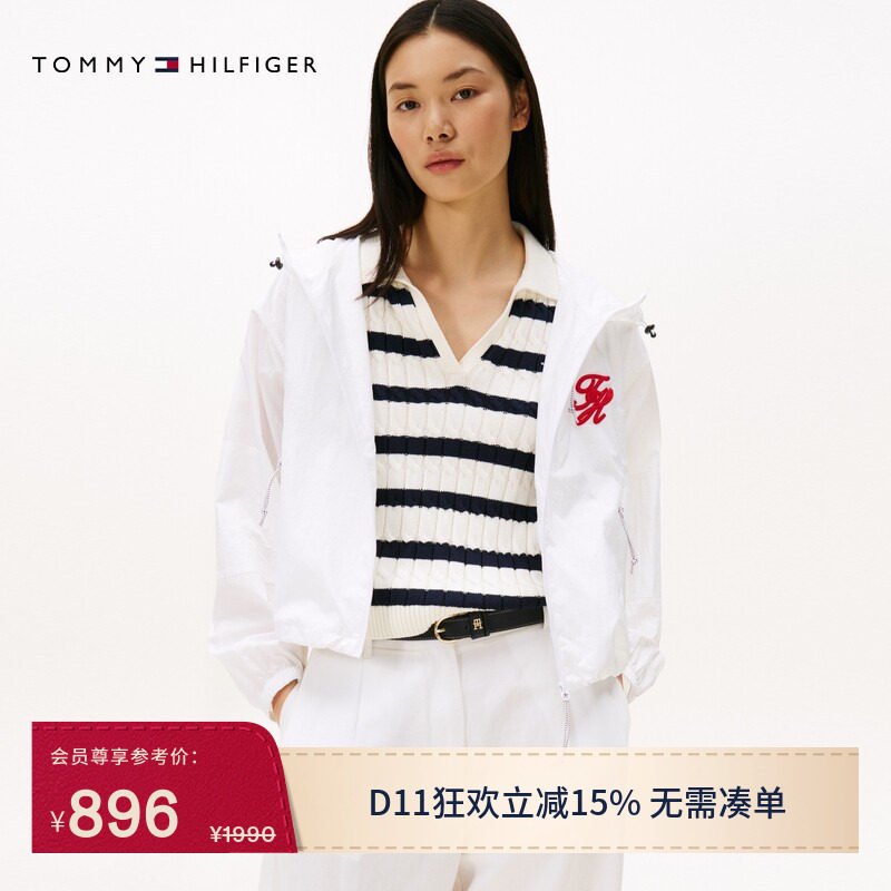 Tommy秋冬女装户外休闲通勤运动风花体刺绣亚洲版连帽夹克外套