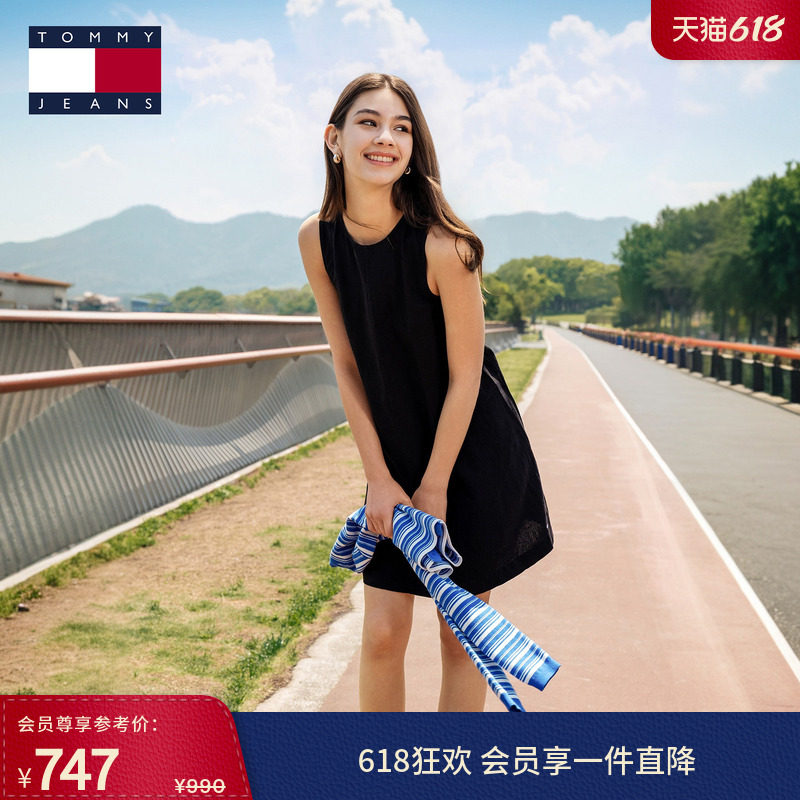Tommy26春夏新款女装亚麻混纺休闲度假风A字娃娃裙宽松无袖连衣裙